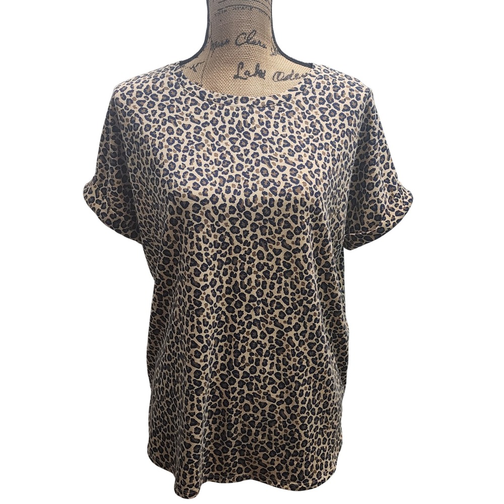 Womens Leopard Print Short Sleeve Crew Neck Top XL